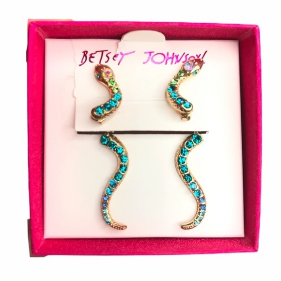 Betsey Johnson Snake Earrings Gold Blue Green - Picture 9 of 9
